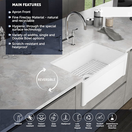 33” Dario Fireclay Single-Bowl Framed Apron Farmhouse Sink - White