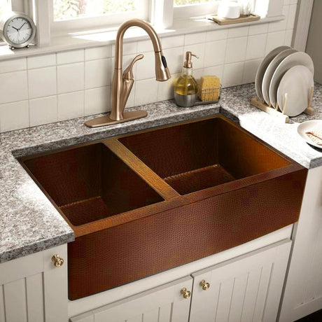 33" Elpsa Hammered Copper 60/40 Offset Double-Bowl Farmhouse Sink