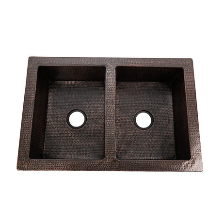 33" Ezeran Hammered Copper Double-Bowl Farmhouse Sink