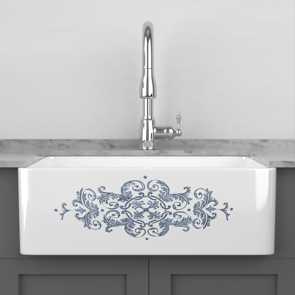 33" Fazio Handcrafted Fireclay Single-Bowl Blue Floral Motif Farmhouse B-Grade Sink - White