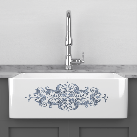 33" Fazio Handcrafted Fireclay Single-Bowl Blue Floral Motif Farmhouse B-Grade Sink - White