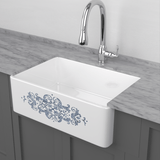33" Fazio Handcrafted Fireclay Single-Bowl Blue Floral Motif Farmhouse B-Grade Sink - White