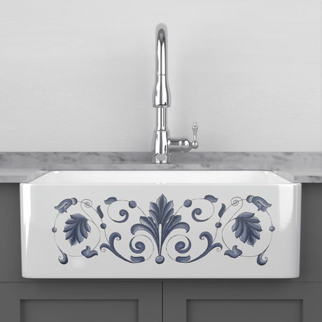 33" Furio Handcrafted Fireclay Single-Bowl Tuscany Motif Farmhouse B-Grade Sink - White