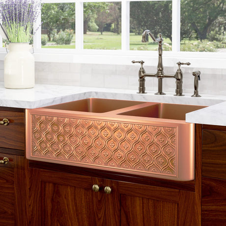 33" Gancher Copper Embossed Floral Design Double-Bowl Farmhouse Sink