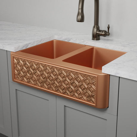 33" Gancher Copper Embossed Floral Design Double-Bowl Farmhouse Sink