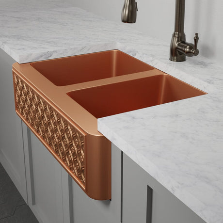 33" Gancher Copper Embossed Floral Design Double-Bowl Farmhouse Sink