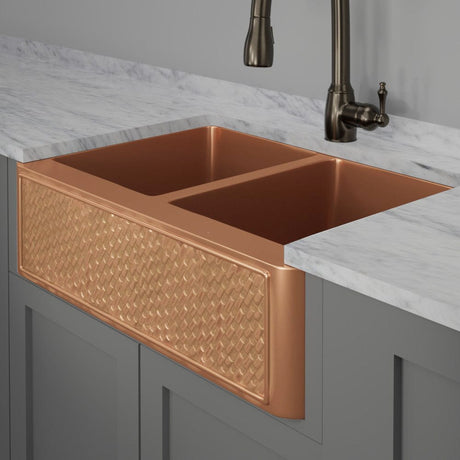 33" Ganston Copper Embossed Weave Design Double-Bowl Farmhouse Sink