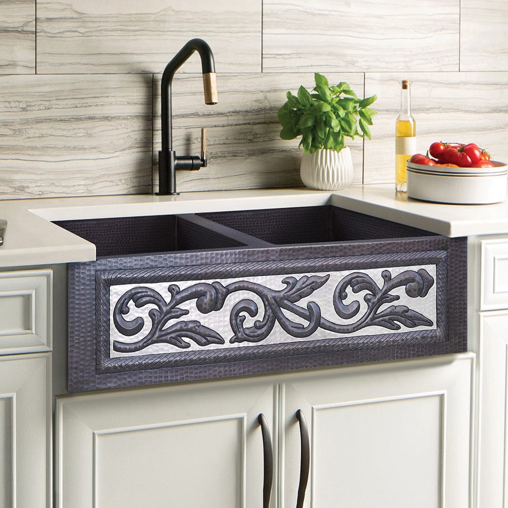 33" Garken Hammered Copper Double-Bowl Farmhouse Sink - Silver Vine Apron Design