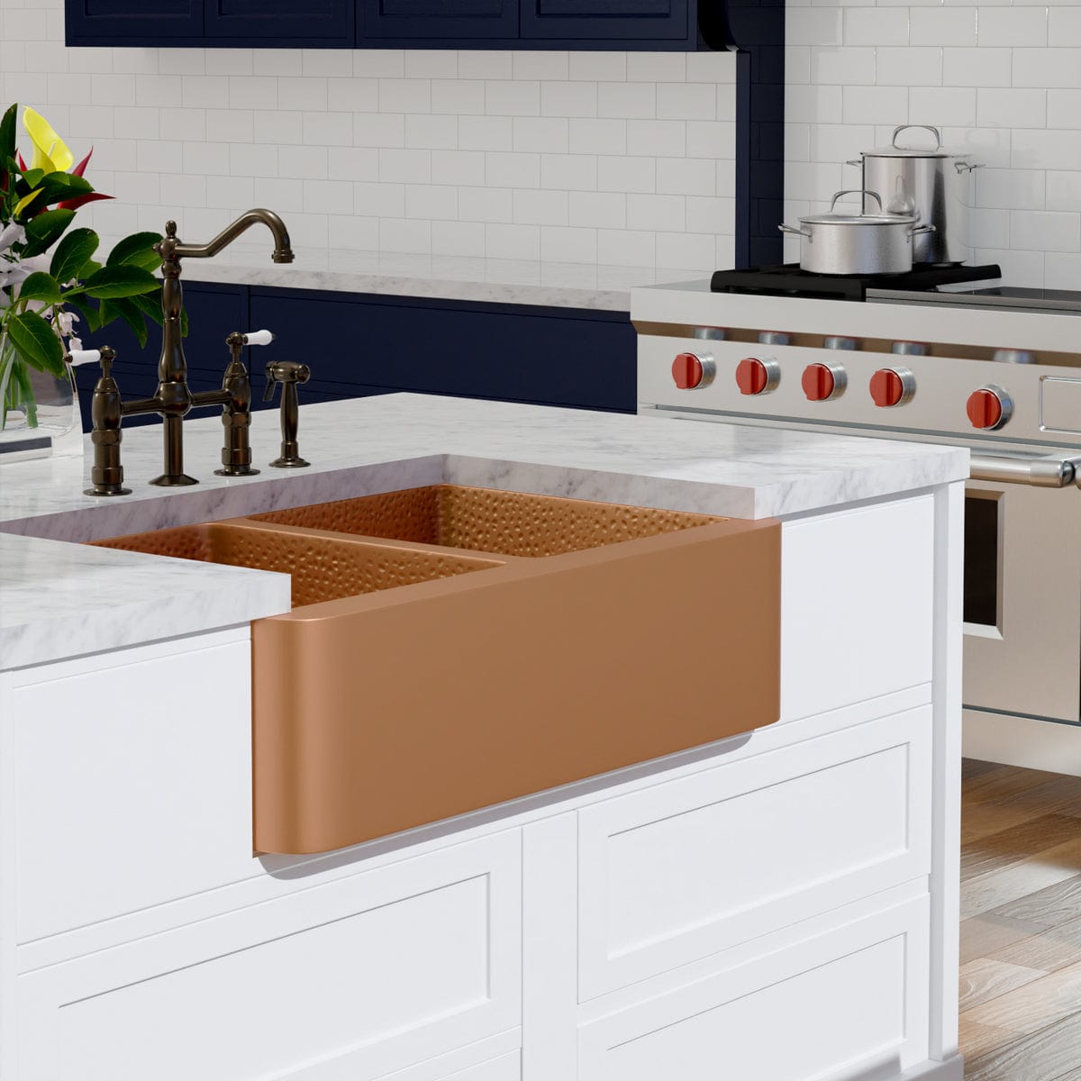 33" Geneva Smooth Copper Double-Bowl Farmhouse Sink with Hammered Interior