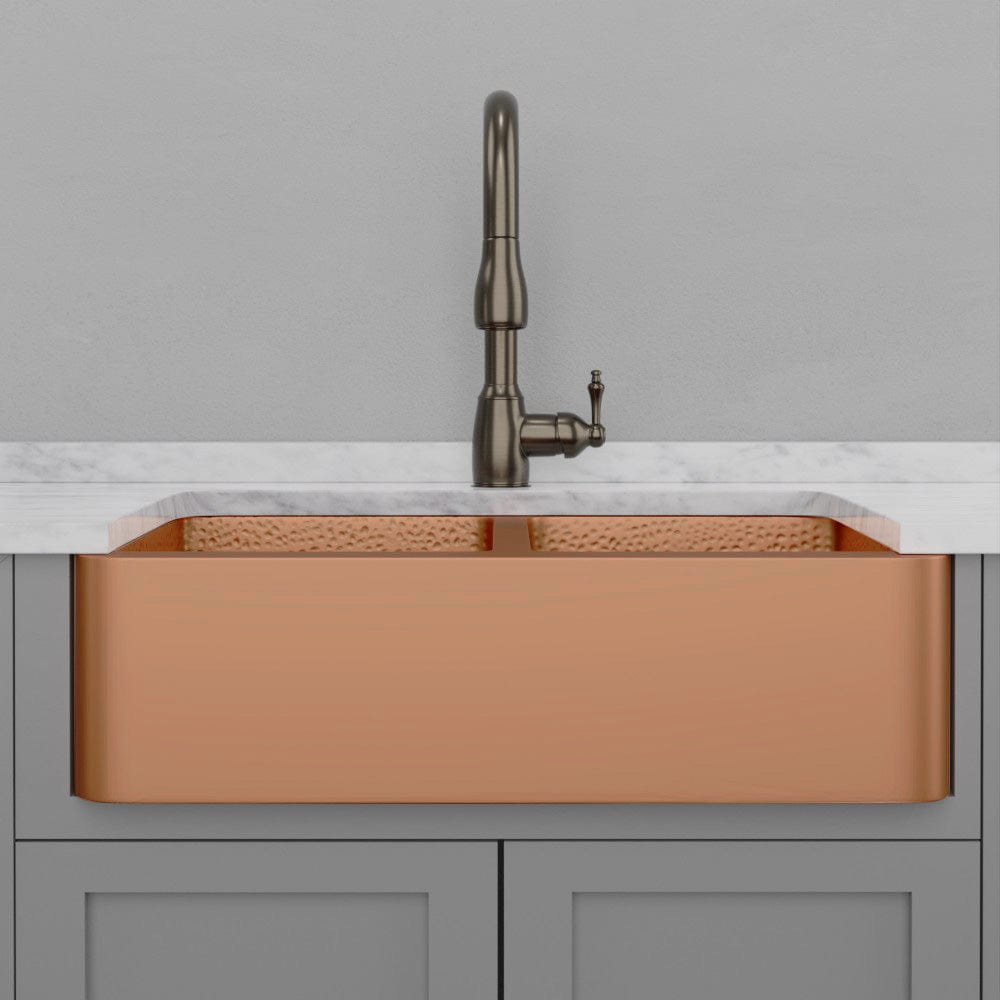 33" Geneva Smooth Copper Double-Bowl Farmhouse Sink with Hammered Interior