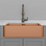 33" Geneva Smooth Copper Double-Bowl Farmhouse Sink with Hammered Interior
