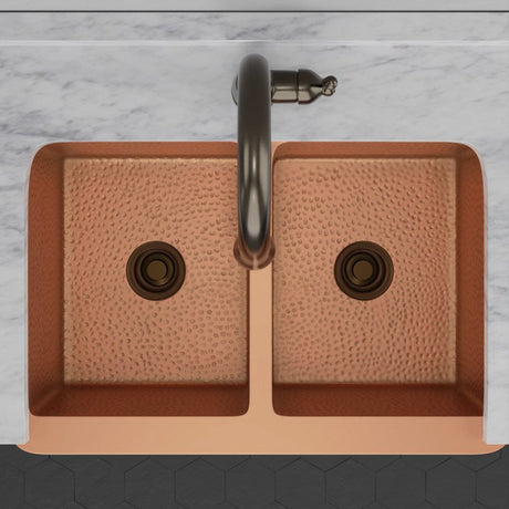 33" Geneva Smooth Copper Double-Bowl Farmhouse Sink with Hammered Interior