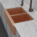 33" Geneva Smooth Copper Double-Bowl Farmhouse Sink with Hammered Interior