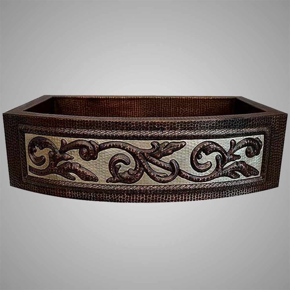 33" Gudencas Hammered Copper Single-Bowl Farmhouse Sink - Silver Vine Apron Design