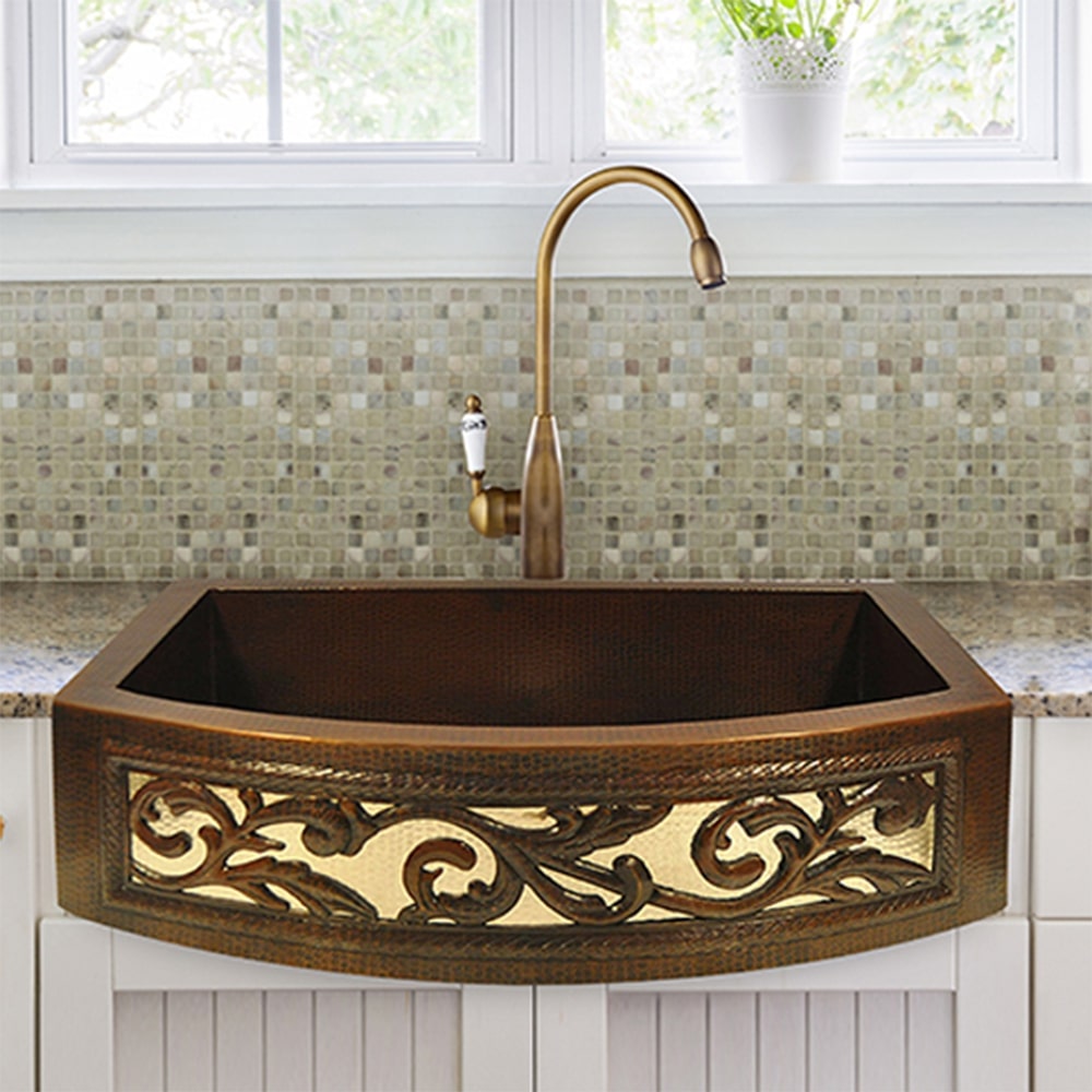 33" Gudencas Hammered Copper Single-Bowl Farmhouse Sink - Silver Vine Apron Design
