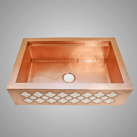 33" Halzer Hammered Copper Single-Bowl Farmhouse Sink - Moroccan Front Apron Design