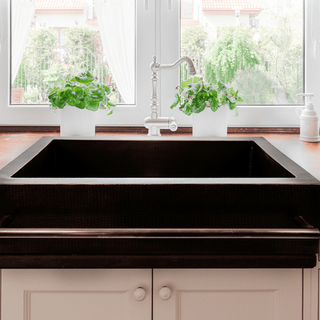 33" Jarzer Hammered Copper Single-Bowl Farmhouse Sink with Towel Bar