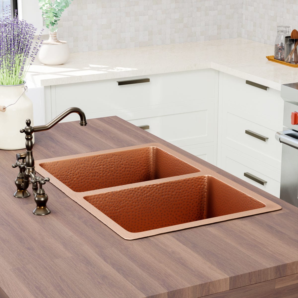 33" Joliet Hammered Copper Double-Bowl Undermount Sink