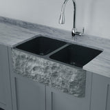 33" Kennesaw Polished Blue Gray Granite 50/50 Double-Bowl Farmhouse Sink - Chiseled Apron