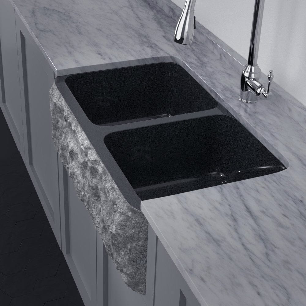 33" Kennesaw Polished Blue Gray Granite 50/50 Double-Bowl Farmhouse Sink - Chiseled Apron