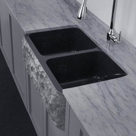 33" Kennesaw Polished Blue Gray Granite 50/50 Double-Bowl Farmhouse Sink - Chiseled Apron