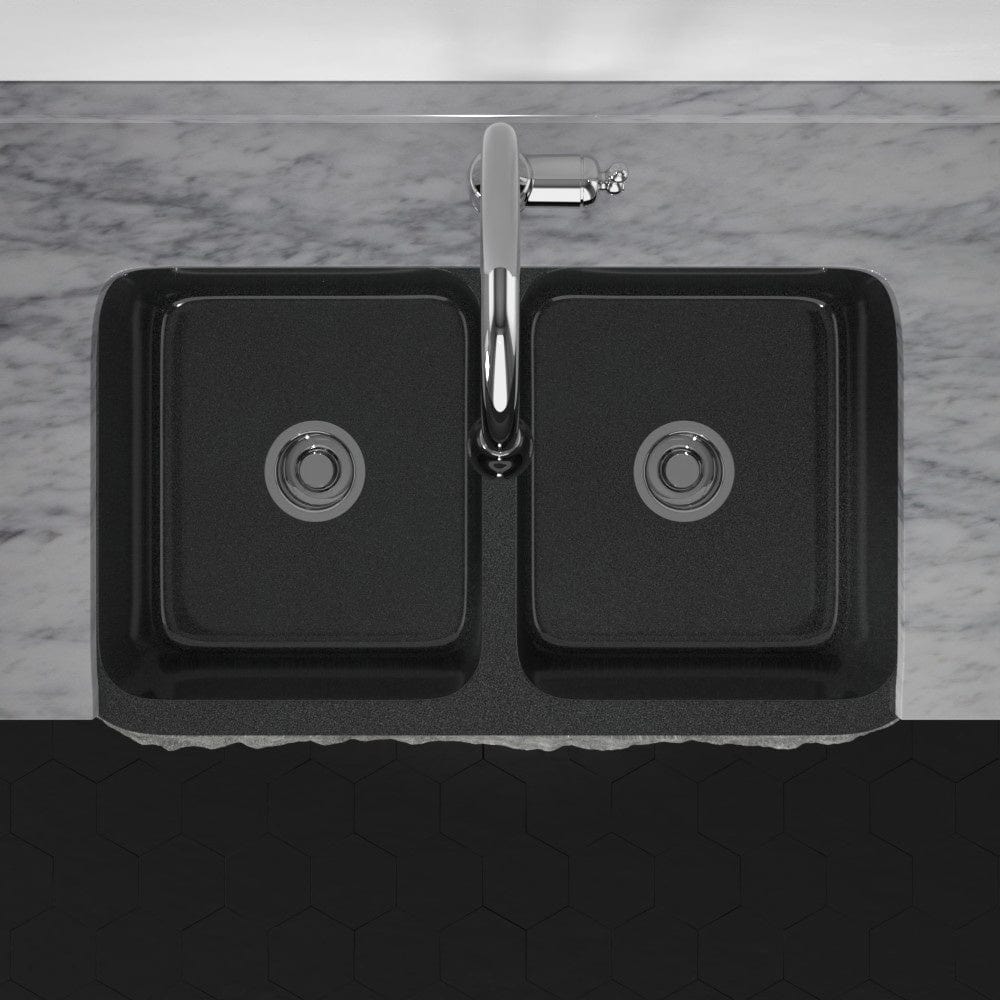 33" Kennesaw Polished Blue Gray Granite 50/50 Double-Bowl Farmhouse Sink - Chiseled Apron