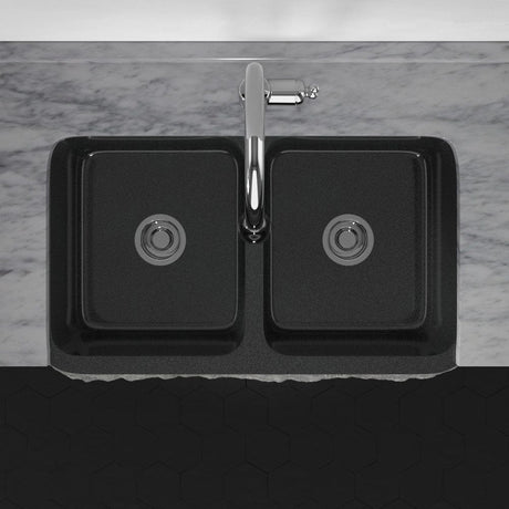 33" Kennesaw Polished Blue Gray Granite 50/50 Double-Bowl Farmhouse Sink - Chiseled Apron