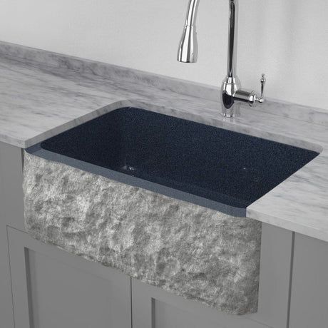 33" Kennesaw Polished Blue Gray Granite Single-Bowl Farmhouse Sink - Chiseled Apron