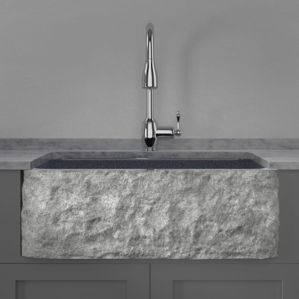33" Kennesaw Polished Blue Gray Granite Single-Bowl Farmhouse Sink - Chiseled Apron