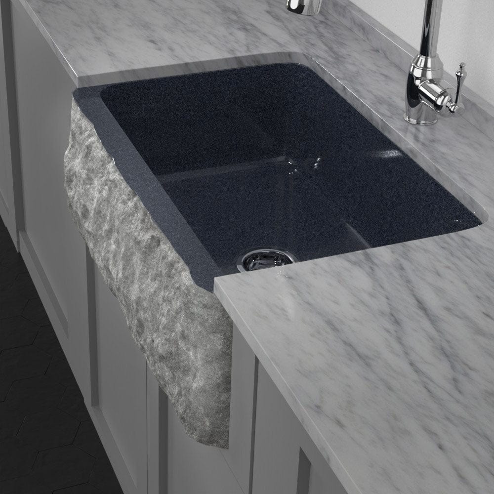 33" Kennesaw Polished Blue Gray Granite Single-Bowl Farmhouse Sink - Chiseled Apron