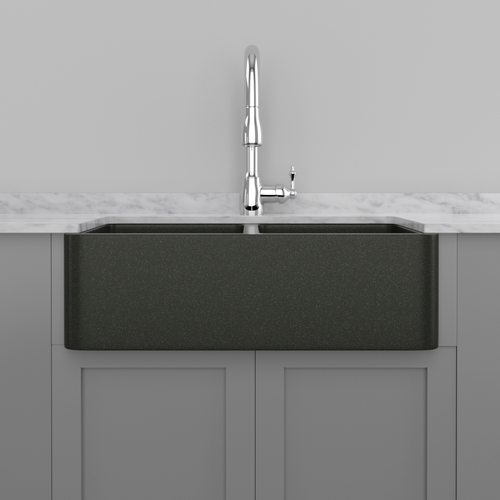 33" Mableton Smooth Polished Black Granite Double-Bowl Farmhouse Sink