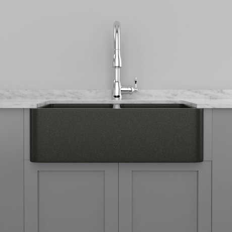 33" Mableton Smooth Polished Black Granite Double-Bowl Farmhouse Sink