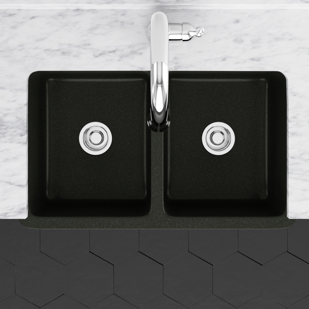 33" Mableton Smooth Polished Black Granite Double-Bowl Farmhouse Sink