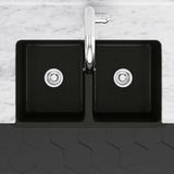 33" Mableton Smooth Polished Black Granite Double-Bowl Farmhouse Sink