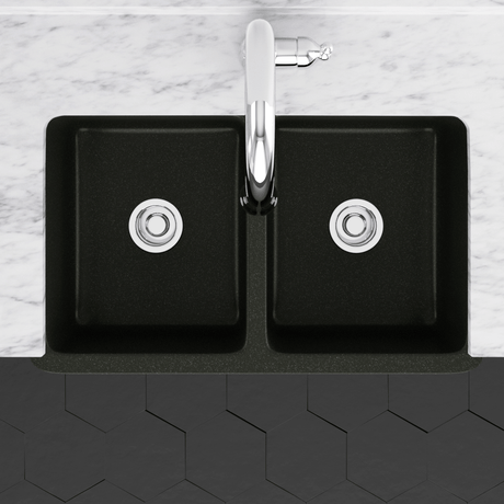 33" Mableton Smooth Polished Black Granite Double-Bowl Farmhouse Sink