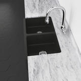 33" Mableton Smooth Polished Black Granite Double-Bowl Farmhouse Sink