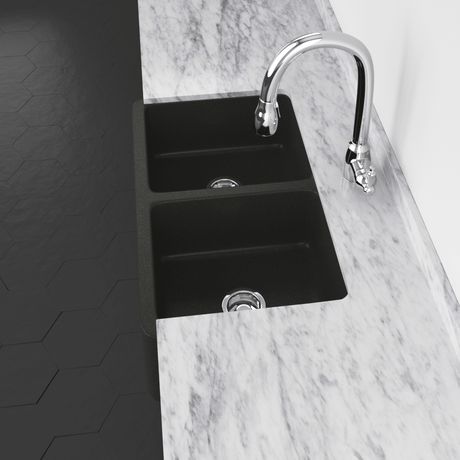 33" Mableton Smooth Polished Black Granite Double-Bowl Farmhouse Sink