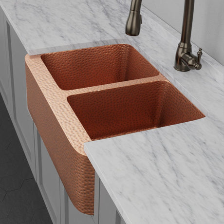 33" Sinclair Hammered Copper Double-Bowl Farmhouse Sink