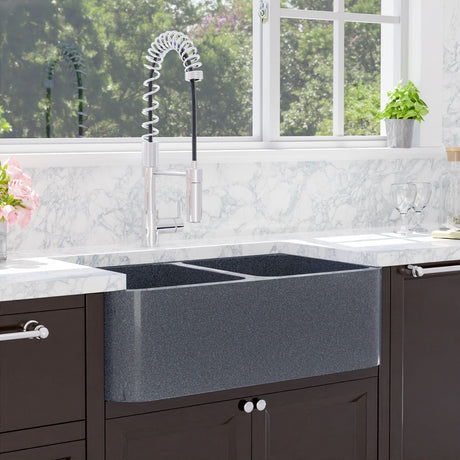 33" Smyrna Smooth Polished Blue Gray Granite 50/50 Double-Bowl Farmhouse Sink