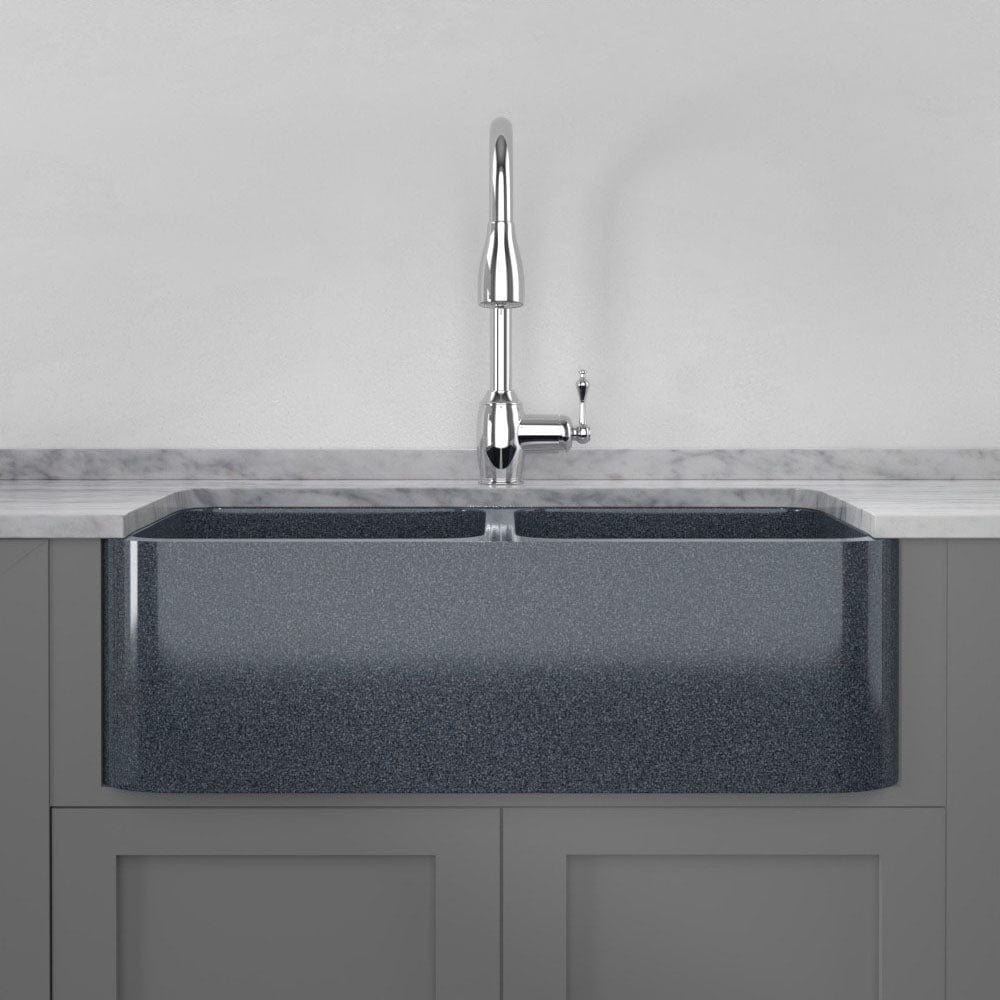 33" Smyrna Smooth Polished Blue Gray Granite 50/50 Double-Bowl Farmhouse Sink