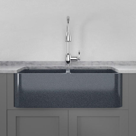 33" Smyrna Smooth Polished Blue Gray Granite 50/50 Double-Bowl Farmhouse Sink