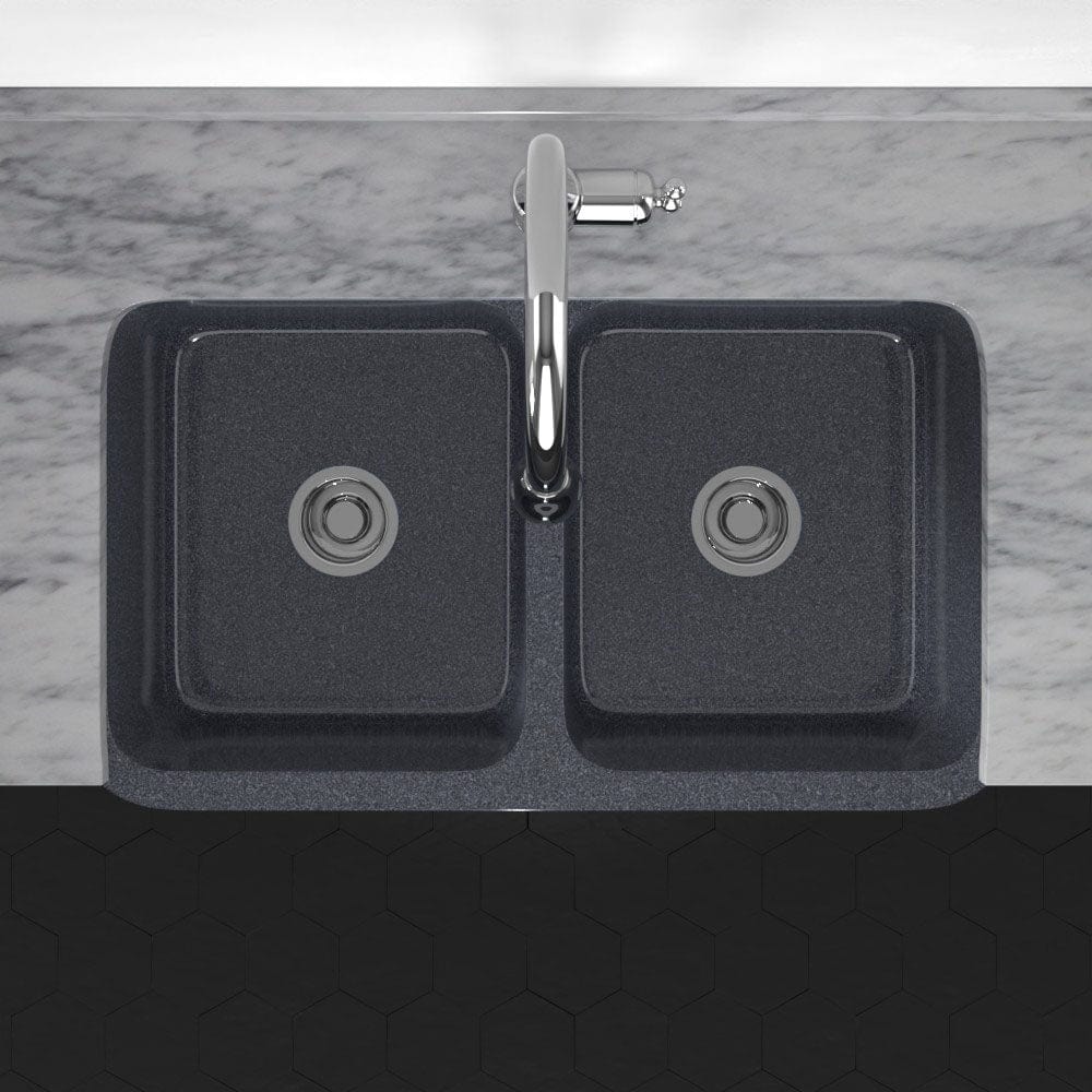 33" Smyrna Smooth Polished Blue Gray Granite 50/50 Double-Bowl Farmhouse Sink