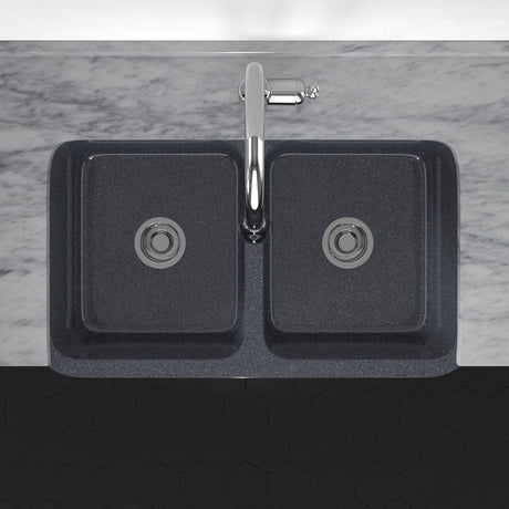 33" Smyrna Smooth Polished Blue Gray Granite 50/50 Double-Bowl Farmhouse Sink