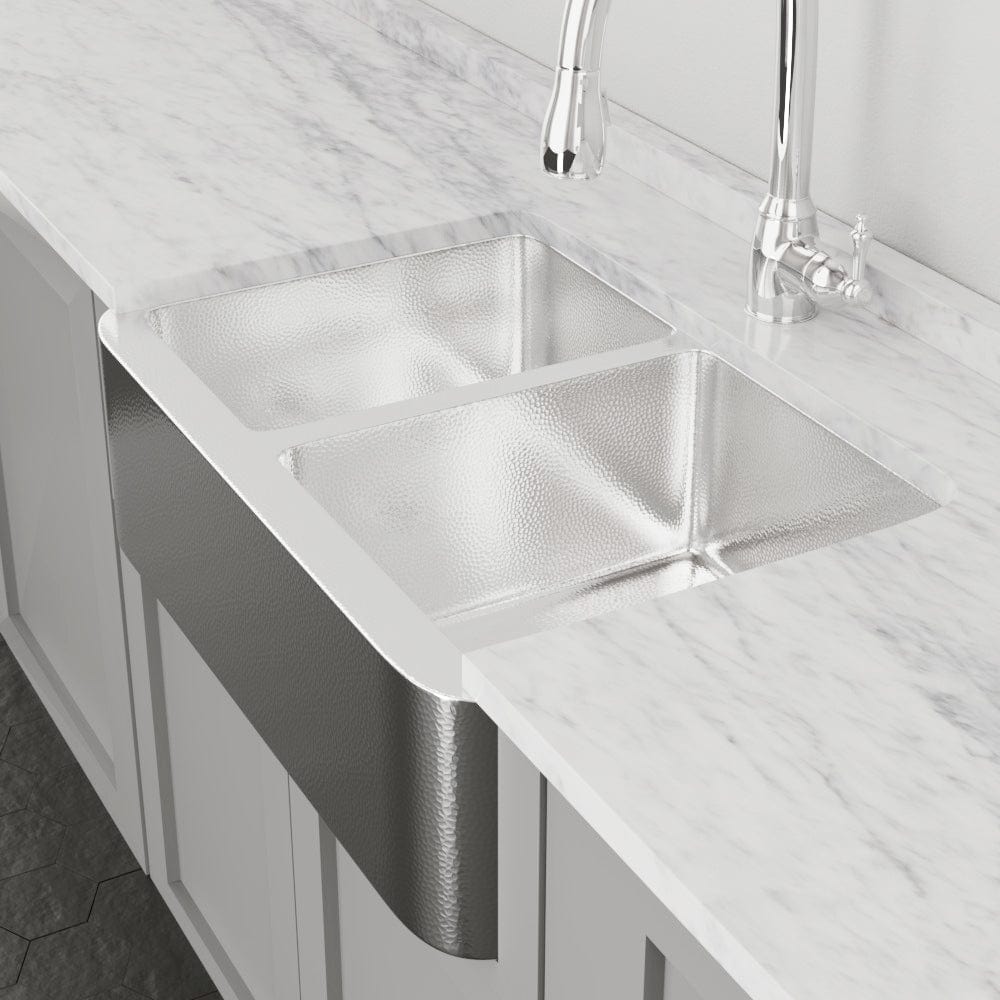 33" Talbert 60/40 Double-Bowl Stainless Steel Farmhouse Sink - Polished Hammered Steel