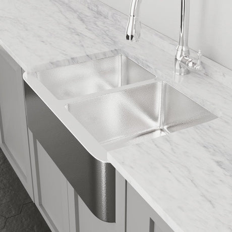 33" Talbert 60/40 Double-Bowl Stainless Steel Farmhouse Sink - Polished Hammered Steel