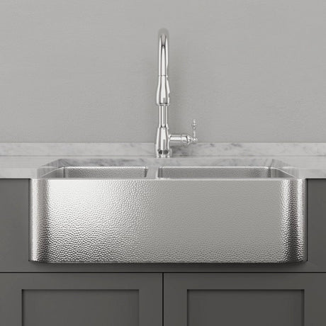 33" Talbert 60/40 Double-Bowl Stainless Steel Farmhouse Sink - Polished Hammered Steel