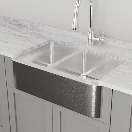 33" Talbert 60/40 Double-Bowl Stainless Steel Farmhouse Sink - Polished Hammered Steel