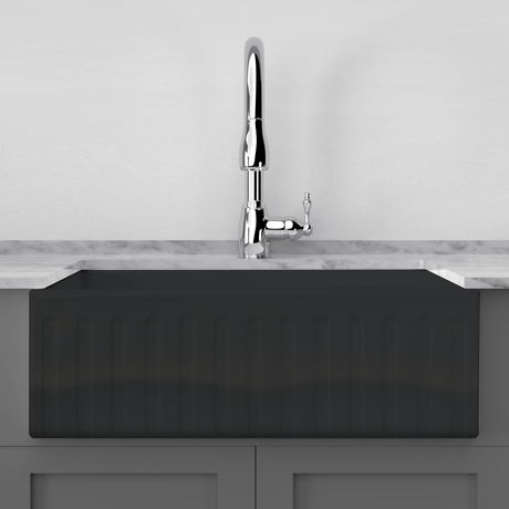 33" Uberto Handcrafted Fireclay Single-Bowl Fluted Apron Farmhouse Sink - Glossy Black
