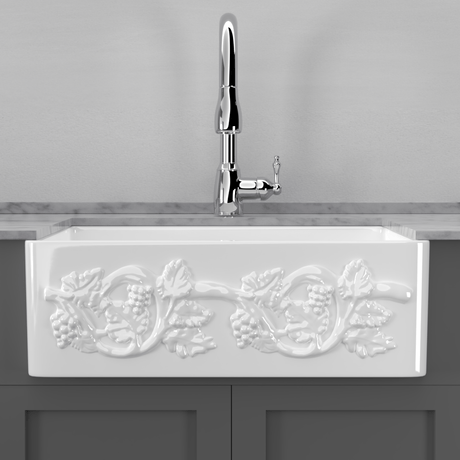 33" Ulan Handcrafted Fireclay Single-Bowl Vine Apron Farmhouse Sink - White