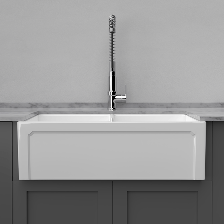 33" Umber Handcrafted Fireclay Double-Bowl Framed Apron Farmhouse Sink - White